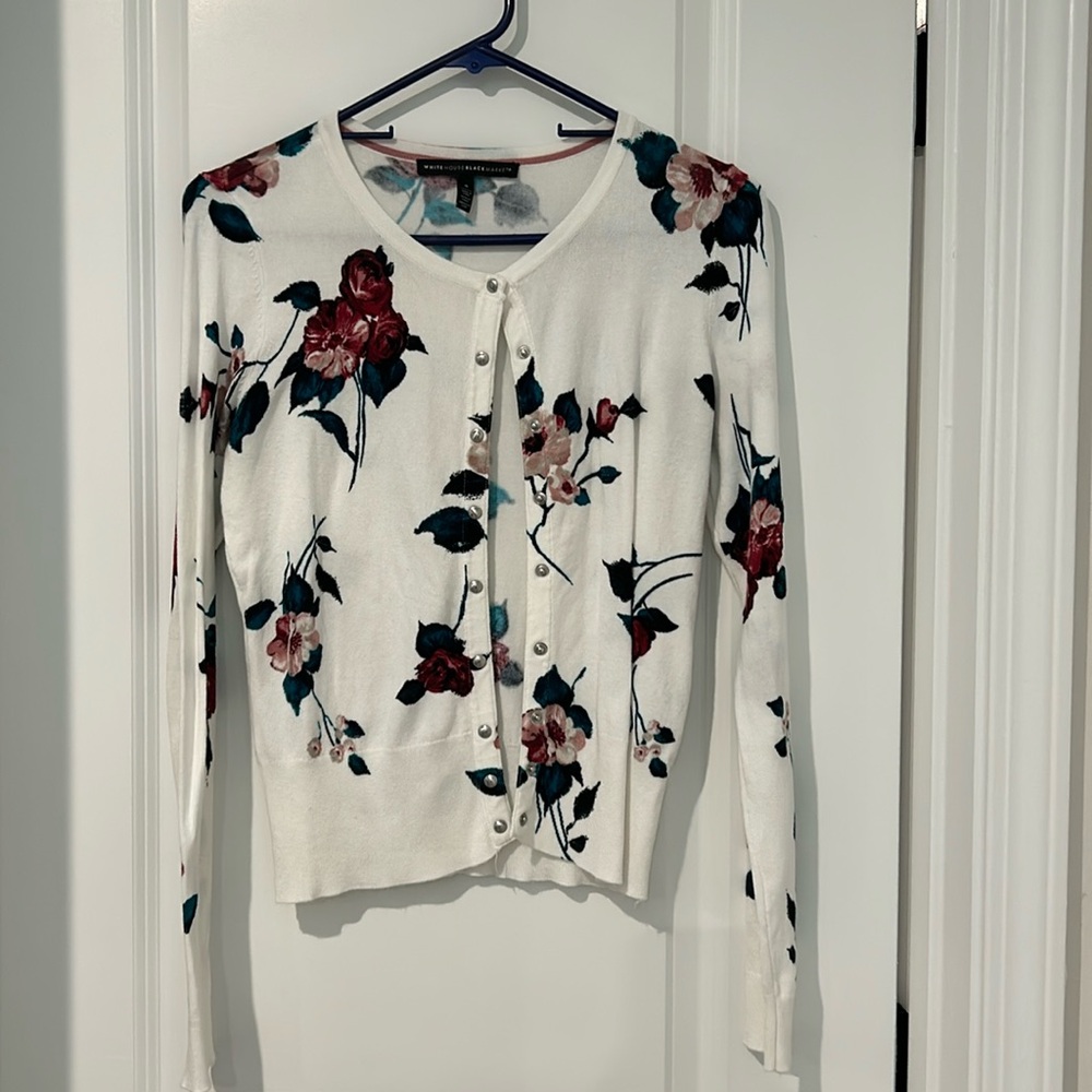 WHBM cream, green, berry button down cardigan with silver snaps.